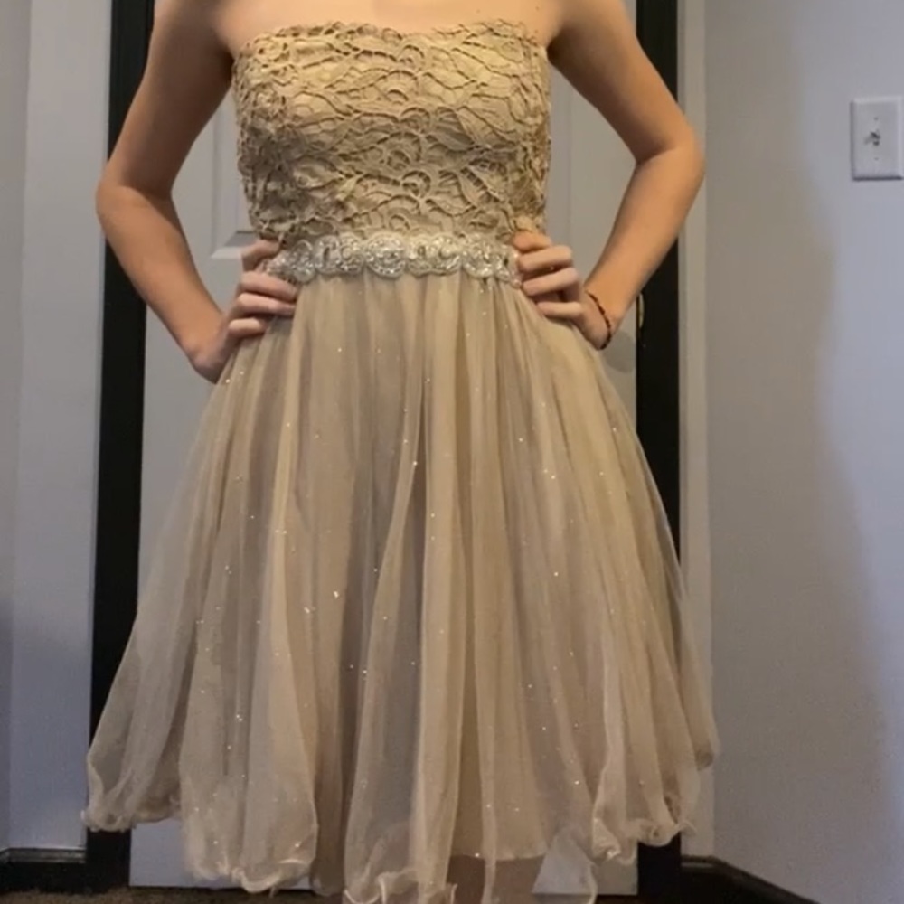Tan sleeveless formal dress